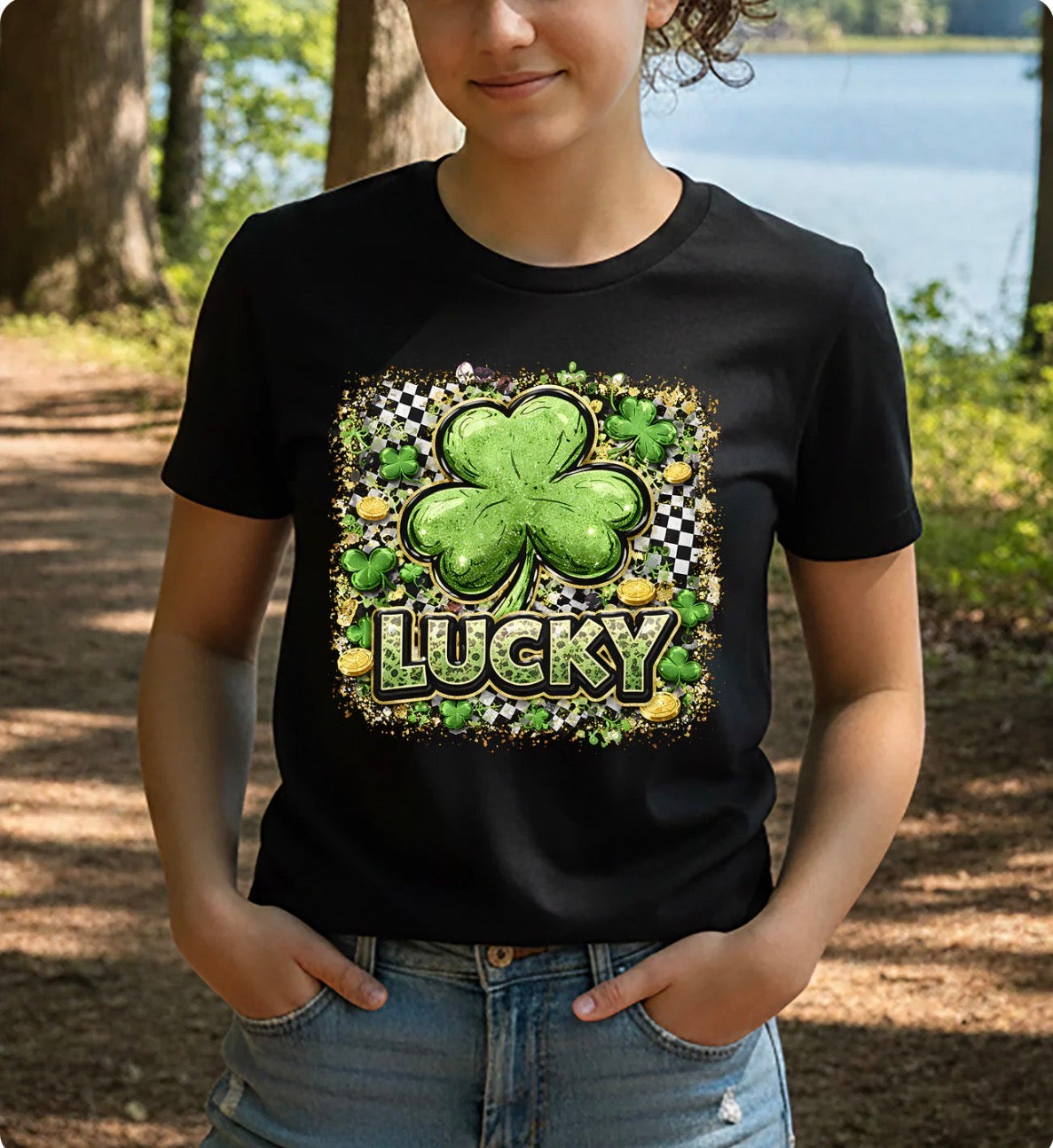 Lucky Black Checkered DTF Graphic Tshirt