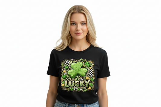 Lucky Black Checkered DTF Graphic Tshirt