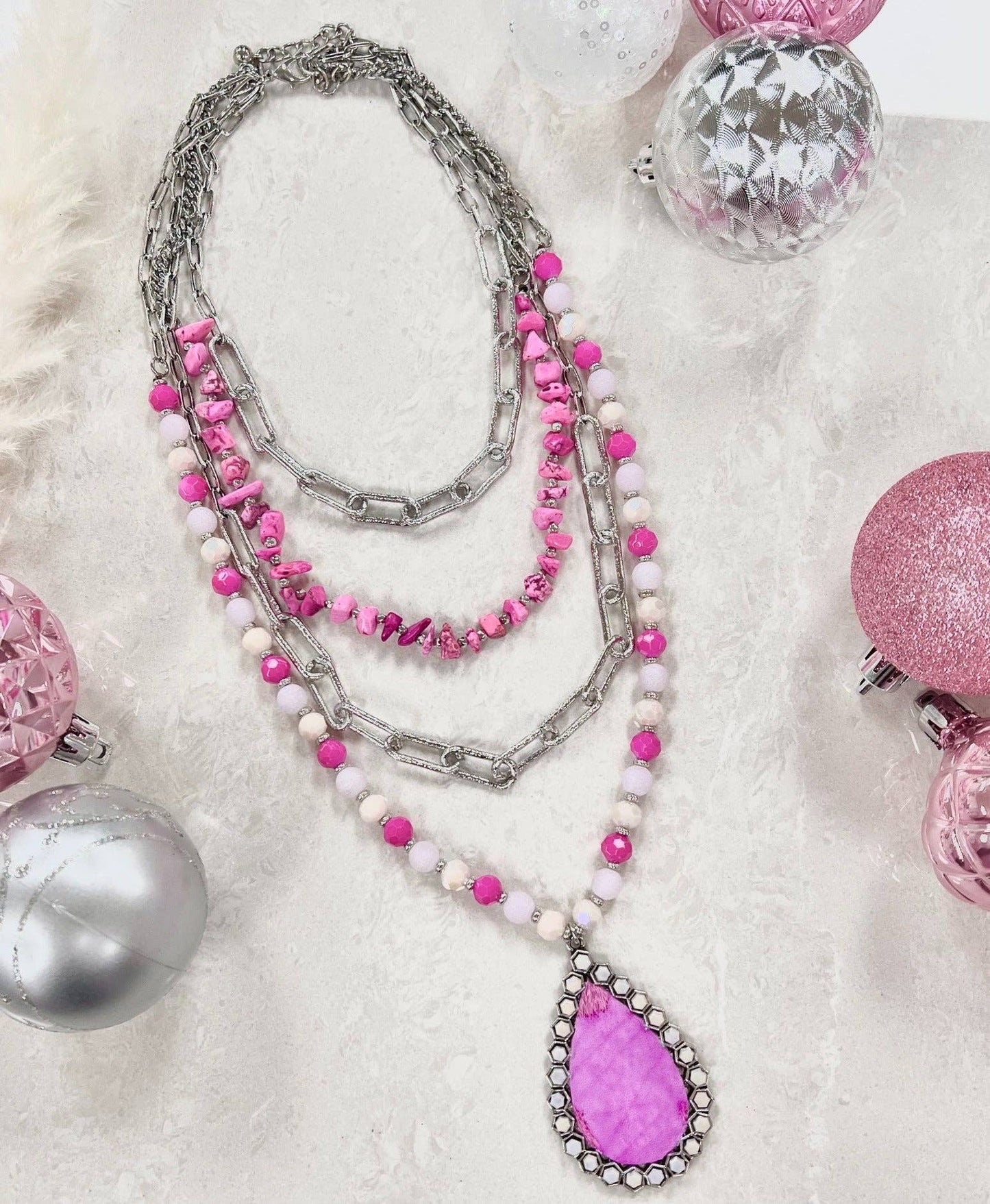 Pink Moment Four Strand Silver Tone Necklace