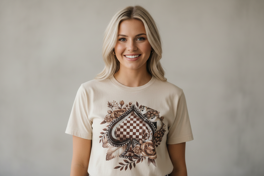 Checkered Brown Spade Roses Graphic Tshirt