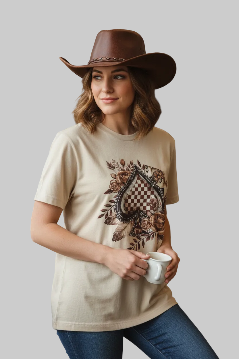 Checkered Brown Spade Roses Graphic Tshirt