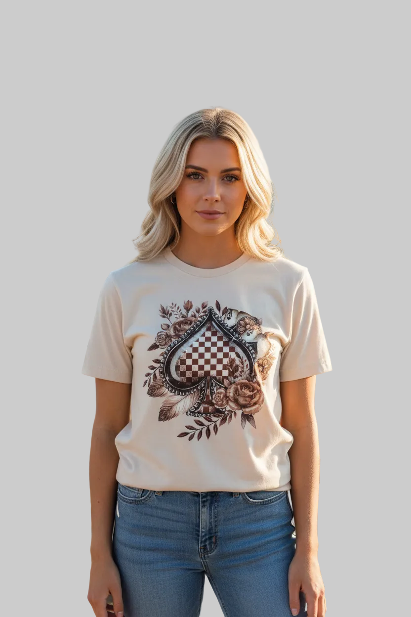 Checkered Brown Spade Roses Graphic Tshirt
