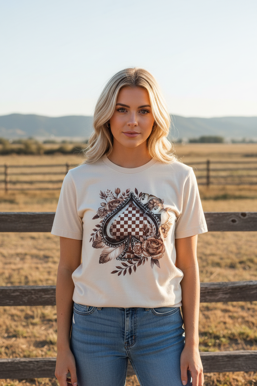 Checkered Brown Spade Roses Graphic Tshirt