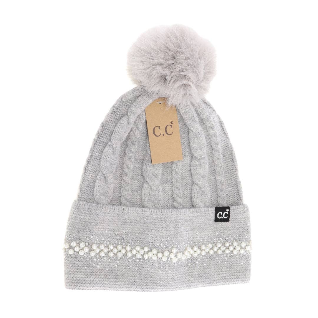 Pearl Embellished Cuff Faux Fur Pom Beanie