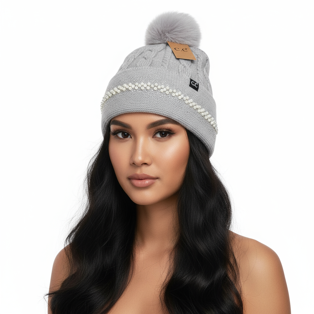 Pearl Embellished Cuff Faux Fur Pom Beanie