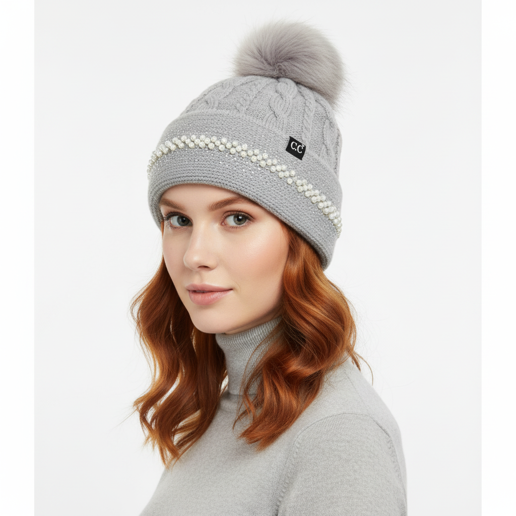 Pearl Embellished Cuff Faux Fur Pom Beanie