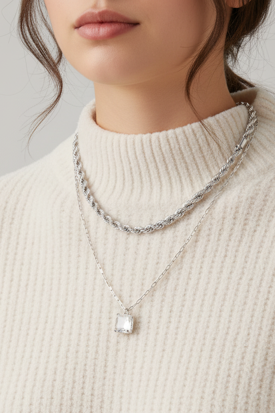 Silver Tone Double Chain Necklace