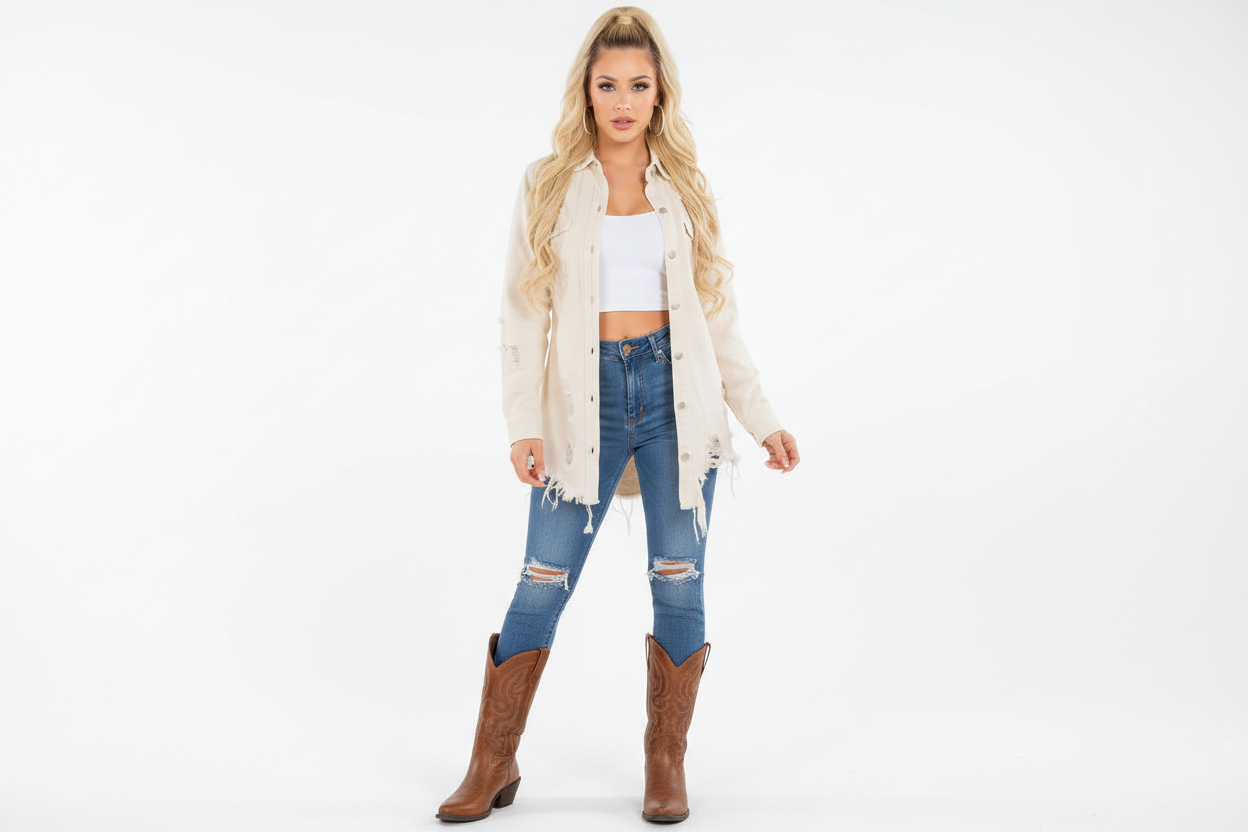 PLUS SIZE DISTRESSED IVORY DENIM SHACKET