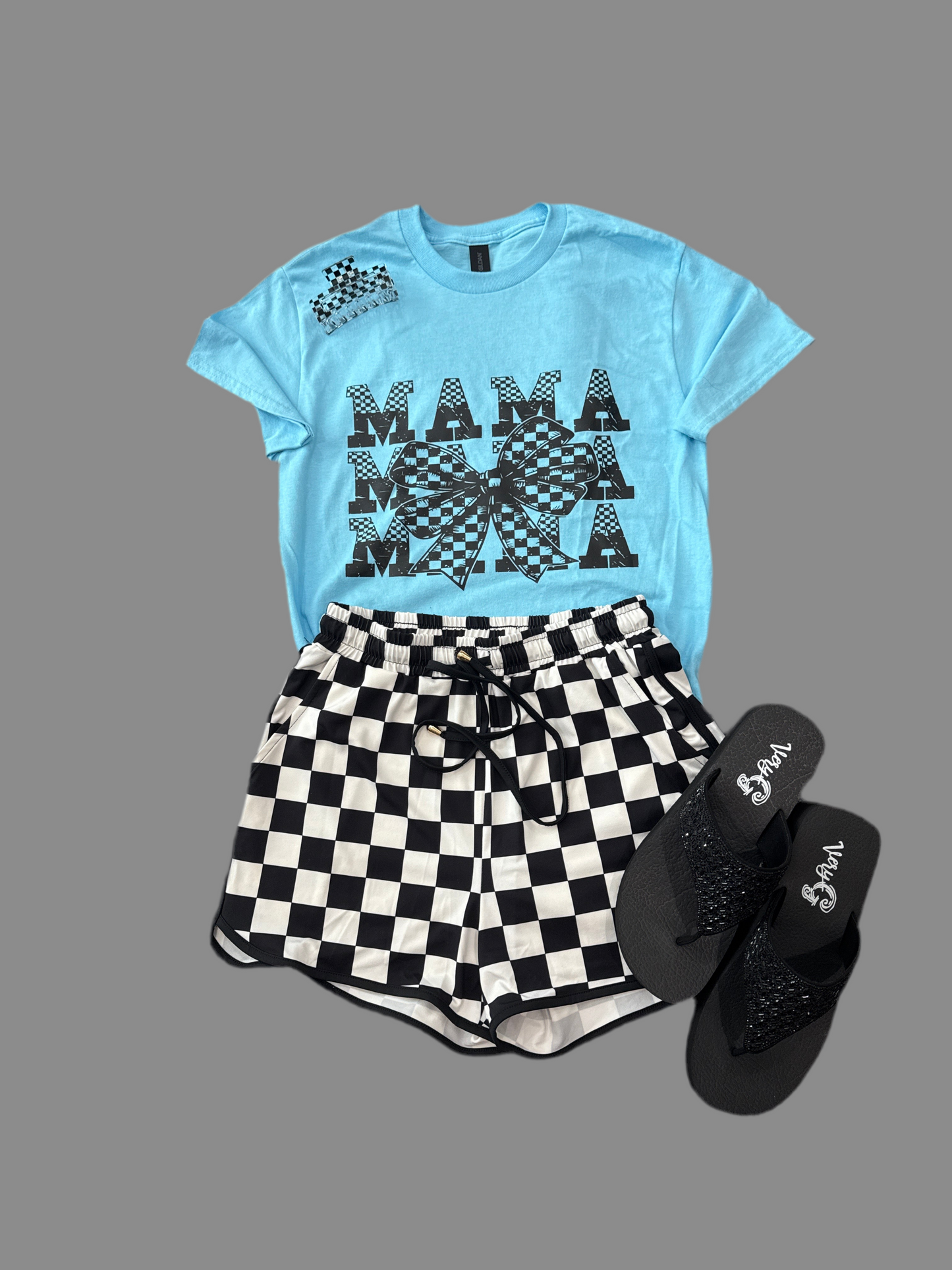 Mama Bow Checkered Blue Graphic Tee