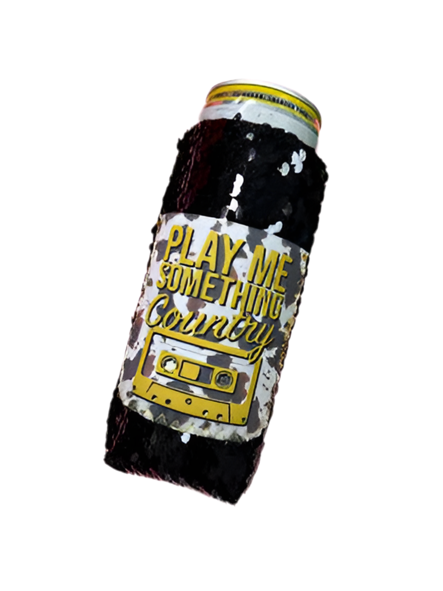 Play Me Something Country Black Sequin Slim Can Koozie