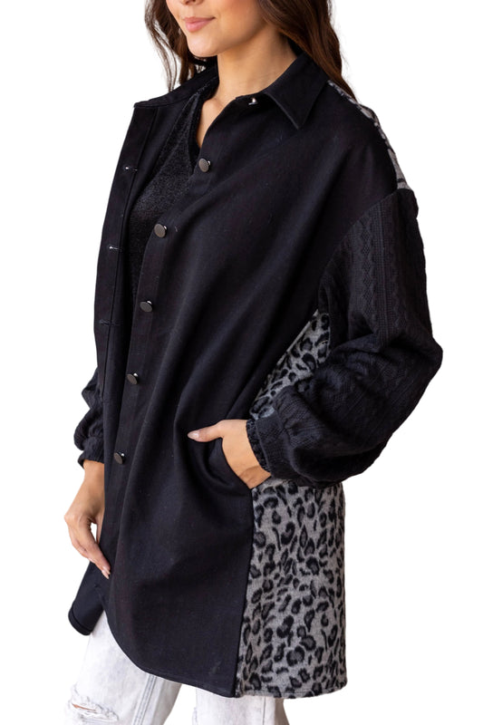 Women's Feline Flair Black Button-Up Jacket