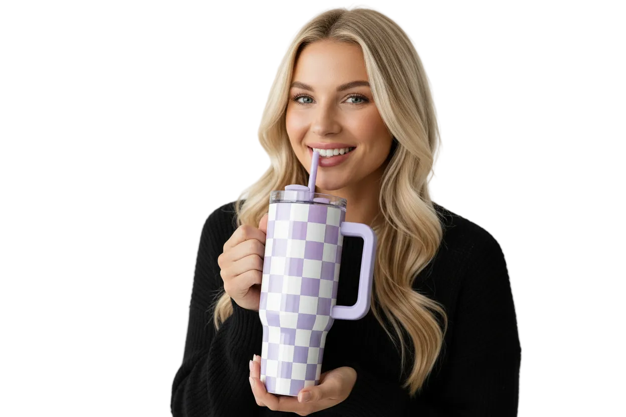 Purple Checkered Stainless Steel Tumbler