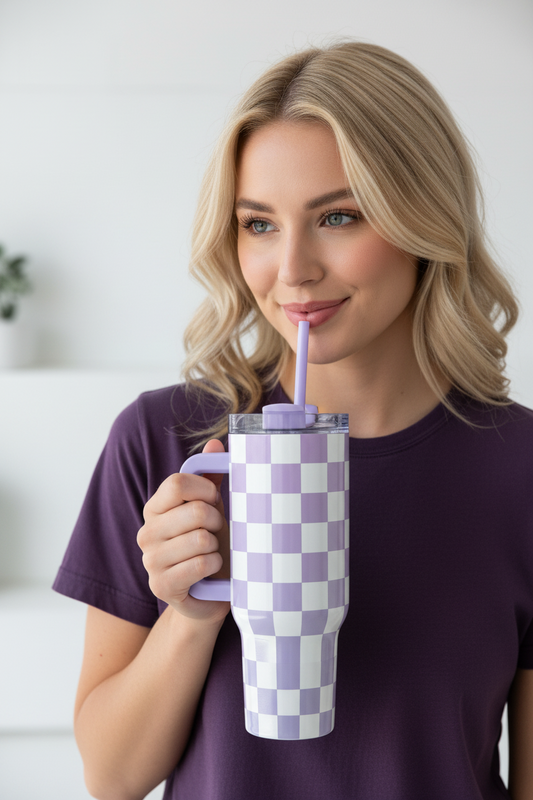 Purple Checkered Stainless Steel Tumbler