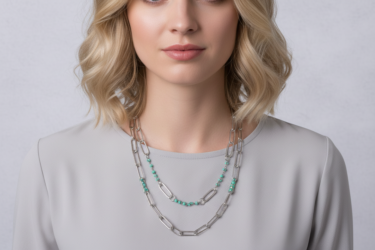 DON'T CALL ME HONEY TURQUOISE BEAD SILVER LINKED CHAIN NECKLACE