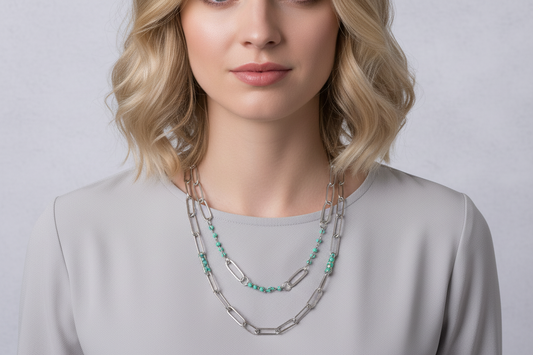 DON'T CALL ME HONEY TURQUOISE BEAD SILVER LINKED CHAIN NECKLACE