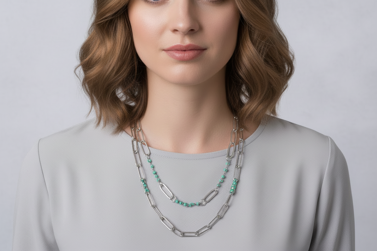 DON'T CALL ME HONEY TURQUOISE BEAD SILVER LINKED CHAIN NECKLACE