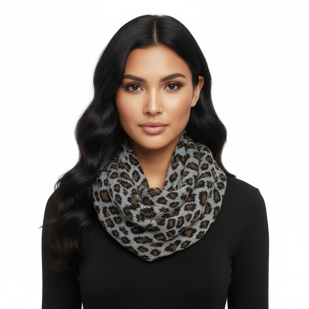 Ribbed Knit Leopard Accent Infinity Scarf