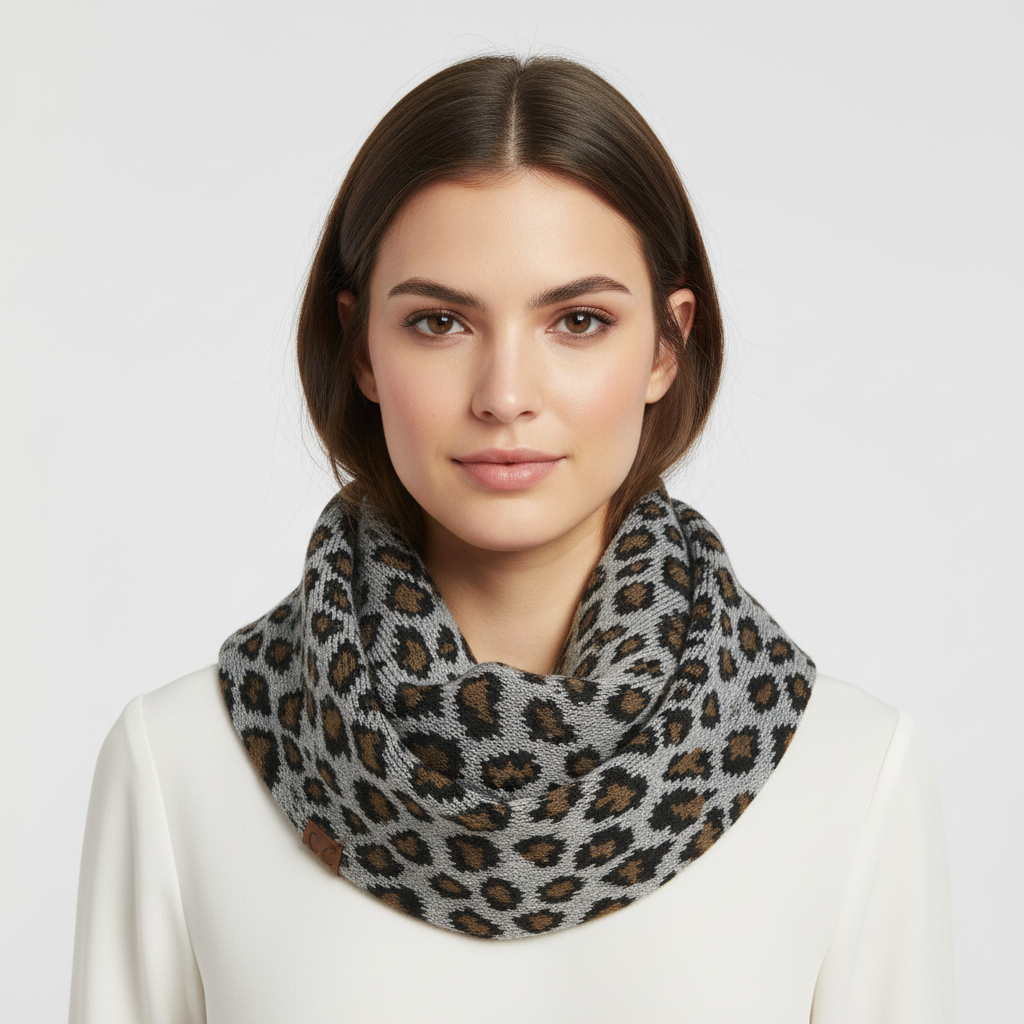 Ribbed Knit Leopard Accent Infinity Scarf