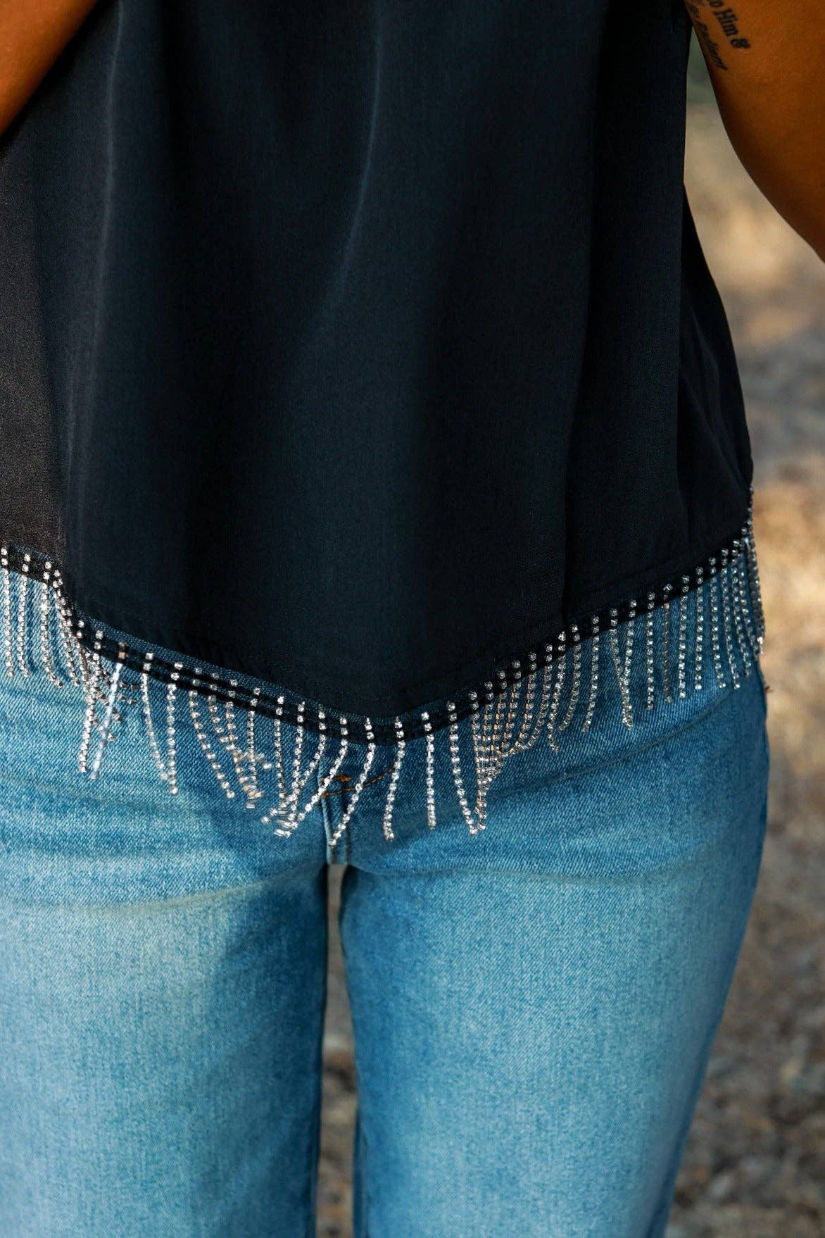 Simply Perfect Black Top with Rhinestone Fringe