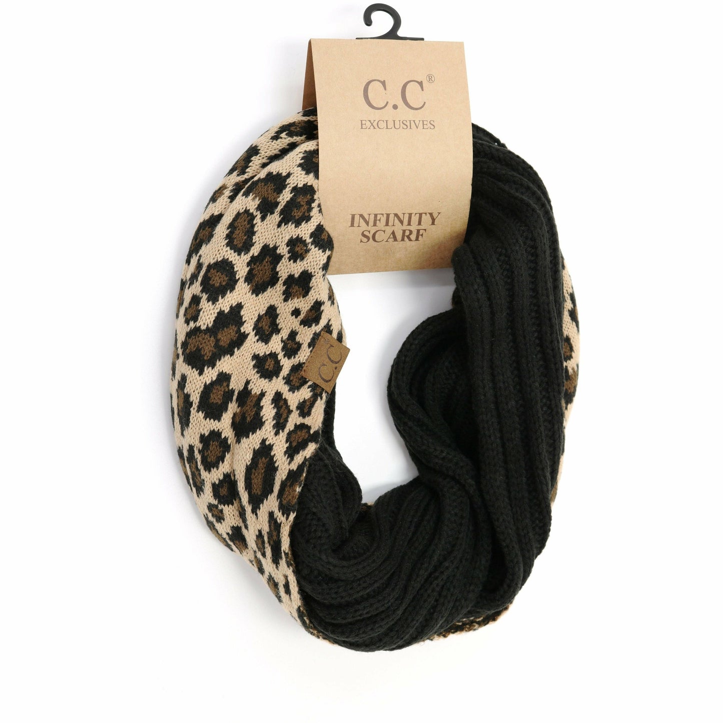 Ribbed Knit Leopard Accent Infinity Scarf