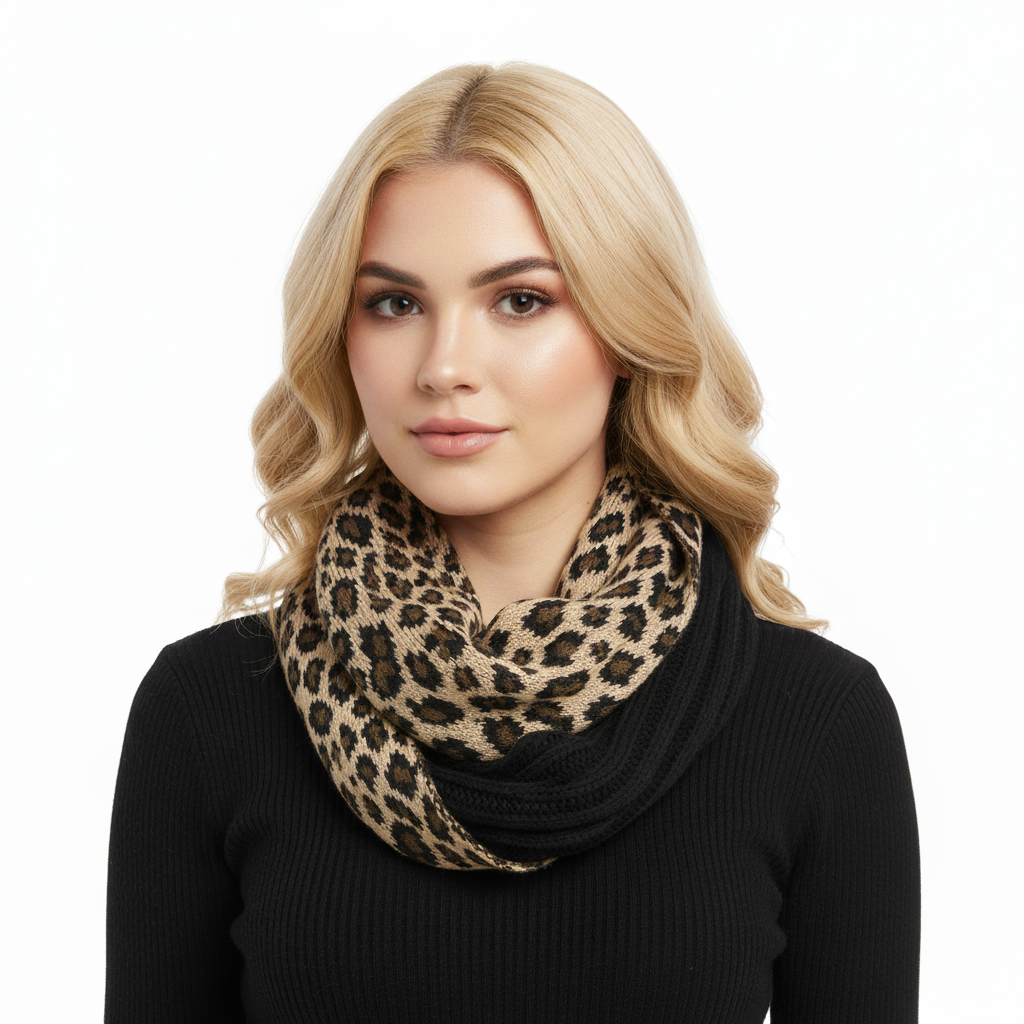 Ribbed Knit Leopard Accent Infinity Scarf