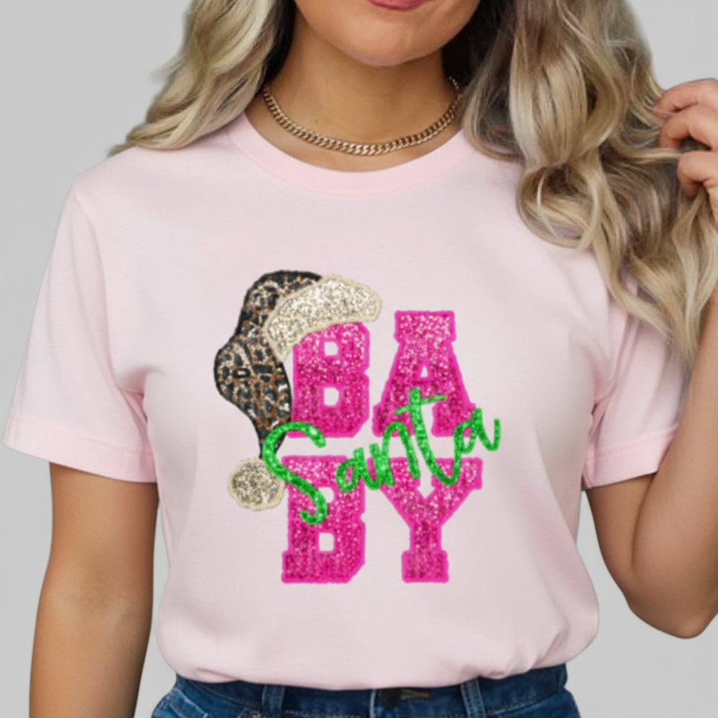Pink Sequin Santa Baby Graphic Tshirt