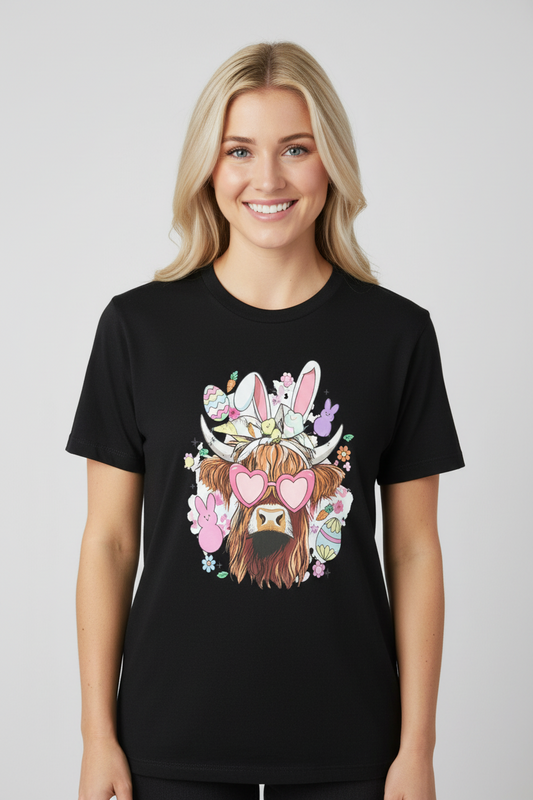 Highland Cow Easter Bunny Graphic T-shirt