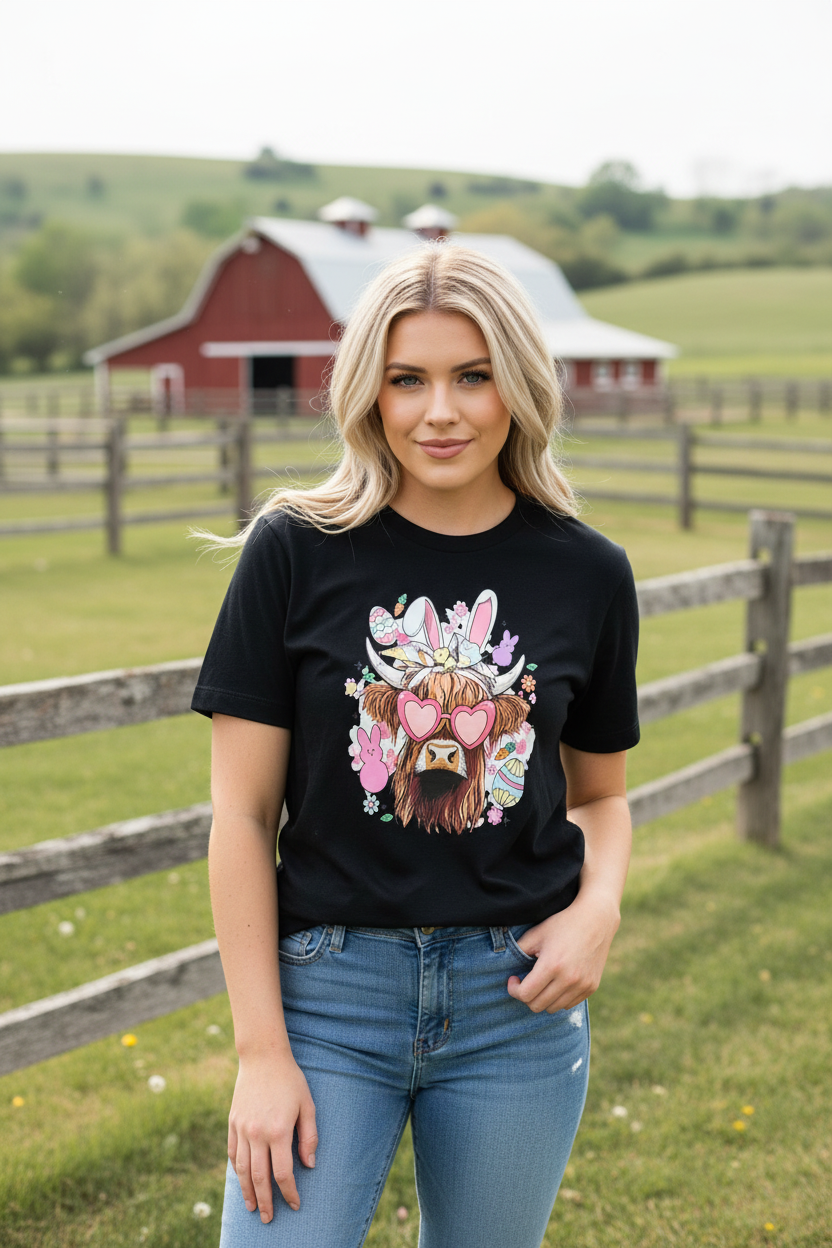 Highland Cow Easter Bunny Graphic T-shirt