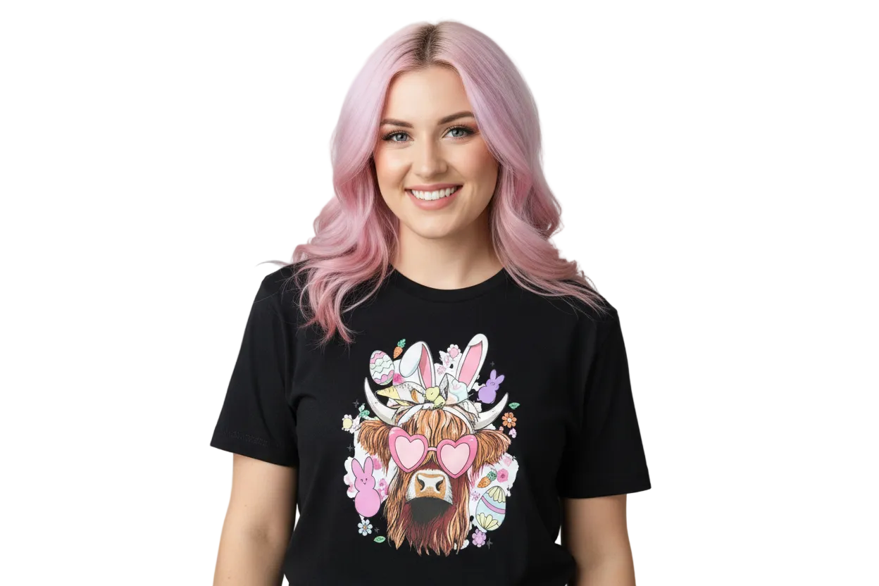 Highland Cow Easter Bunny Graphic T-shirt