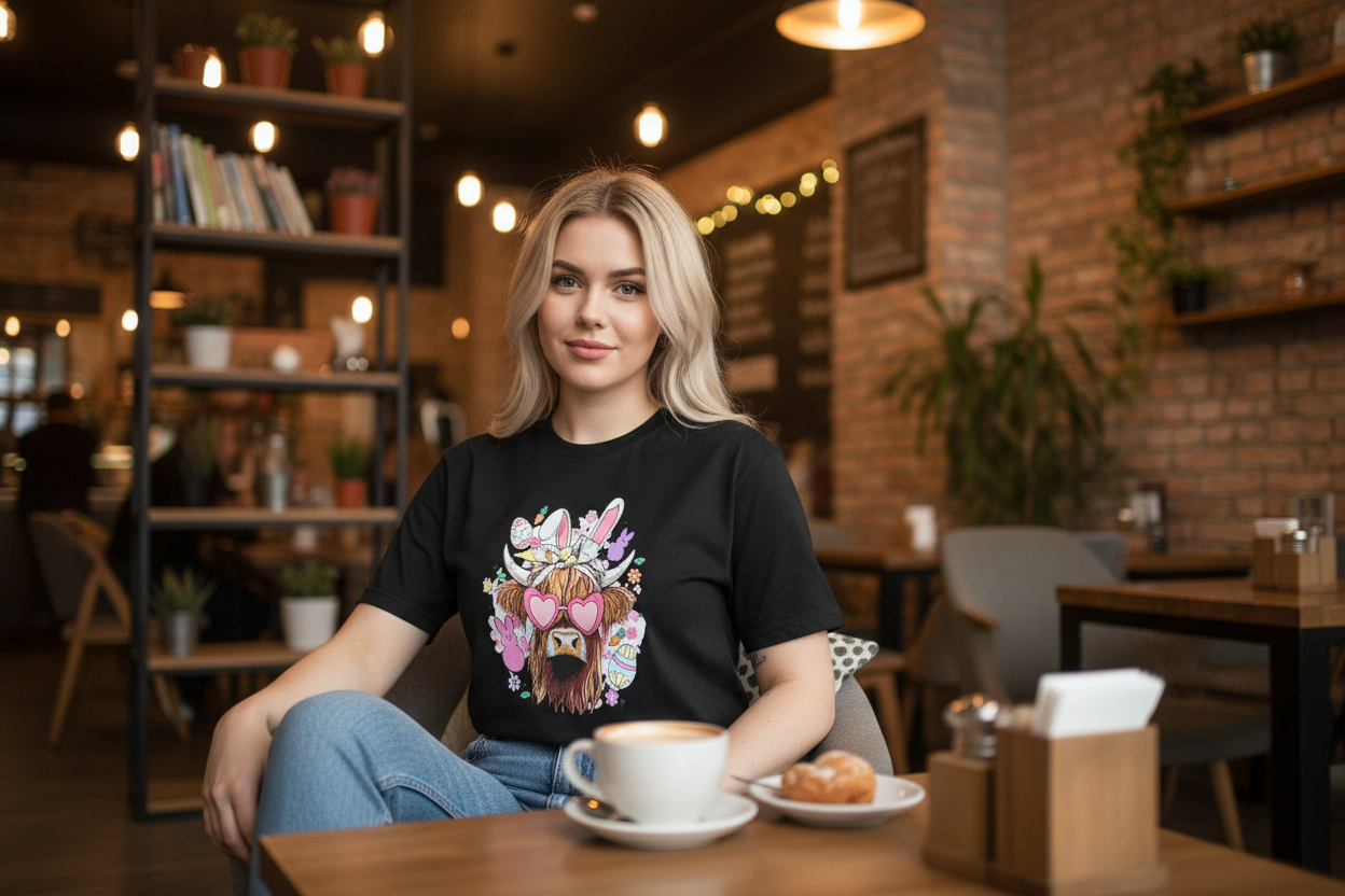 Highland Cow Easter Bunny Graphic T-shirt