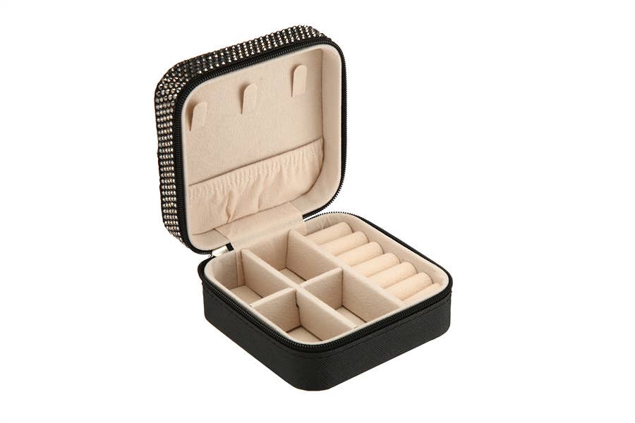 Ladies Rhinestone Multi Compartment Jewelry Box: Black