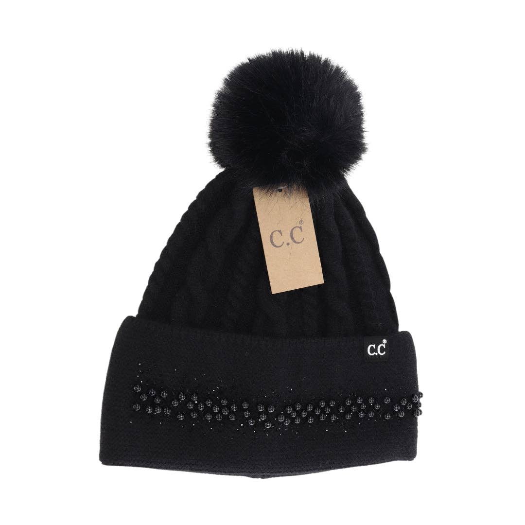 Pearl Embellished Cuff Faux Fur Pom Beanie