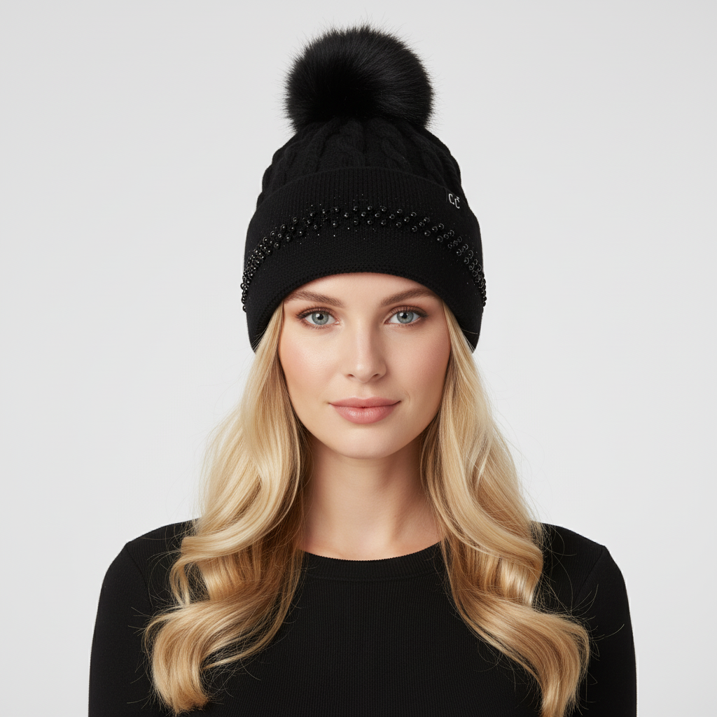 Pearl Embellished Cuff Faux Fur Pom Beanie
