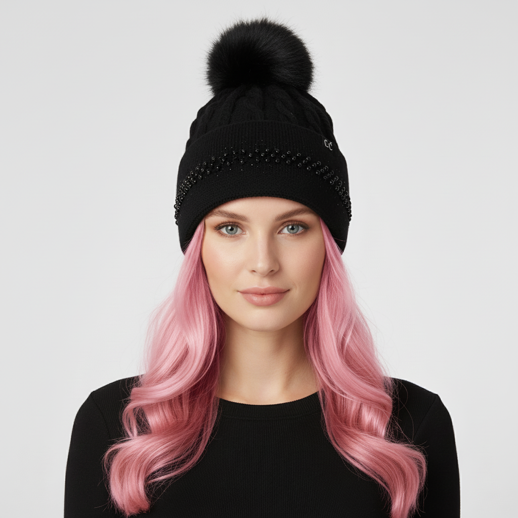 Pearl Embellished Cuff Faux Fur Pom Beanie