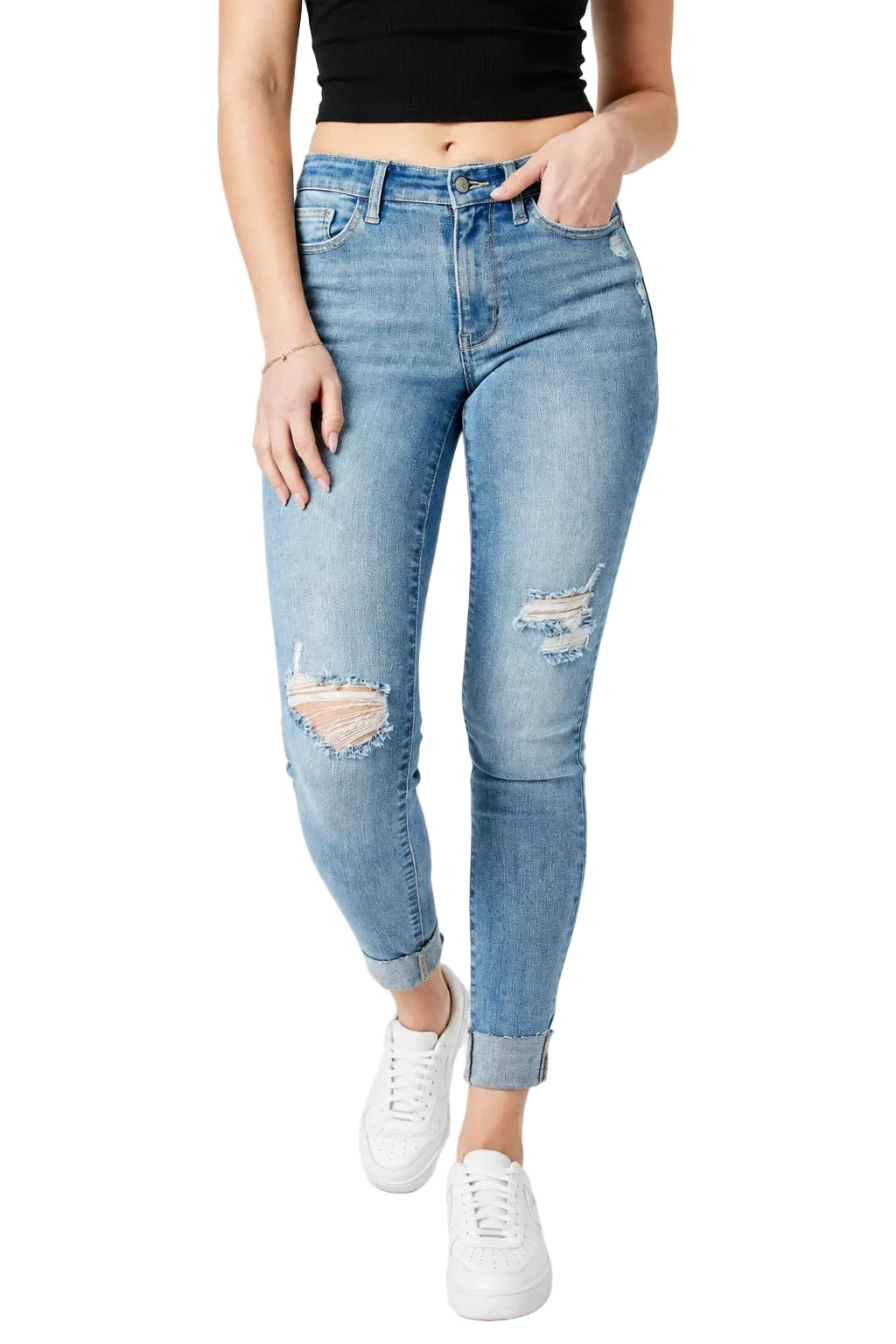 Judy Blue Distressed Denim & Cuff Skinny Jeans
