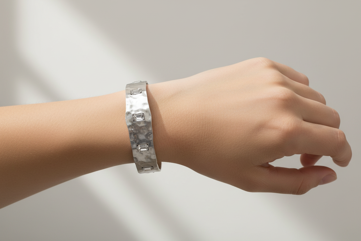 Rhinestone Silver Tone Stud Bangle Bracelet