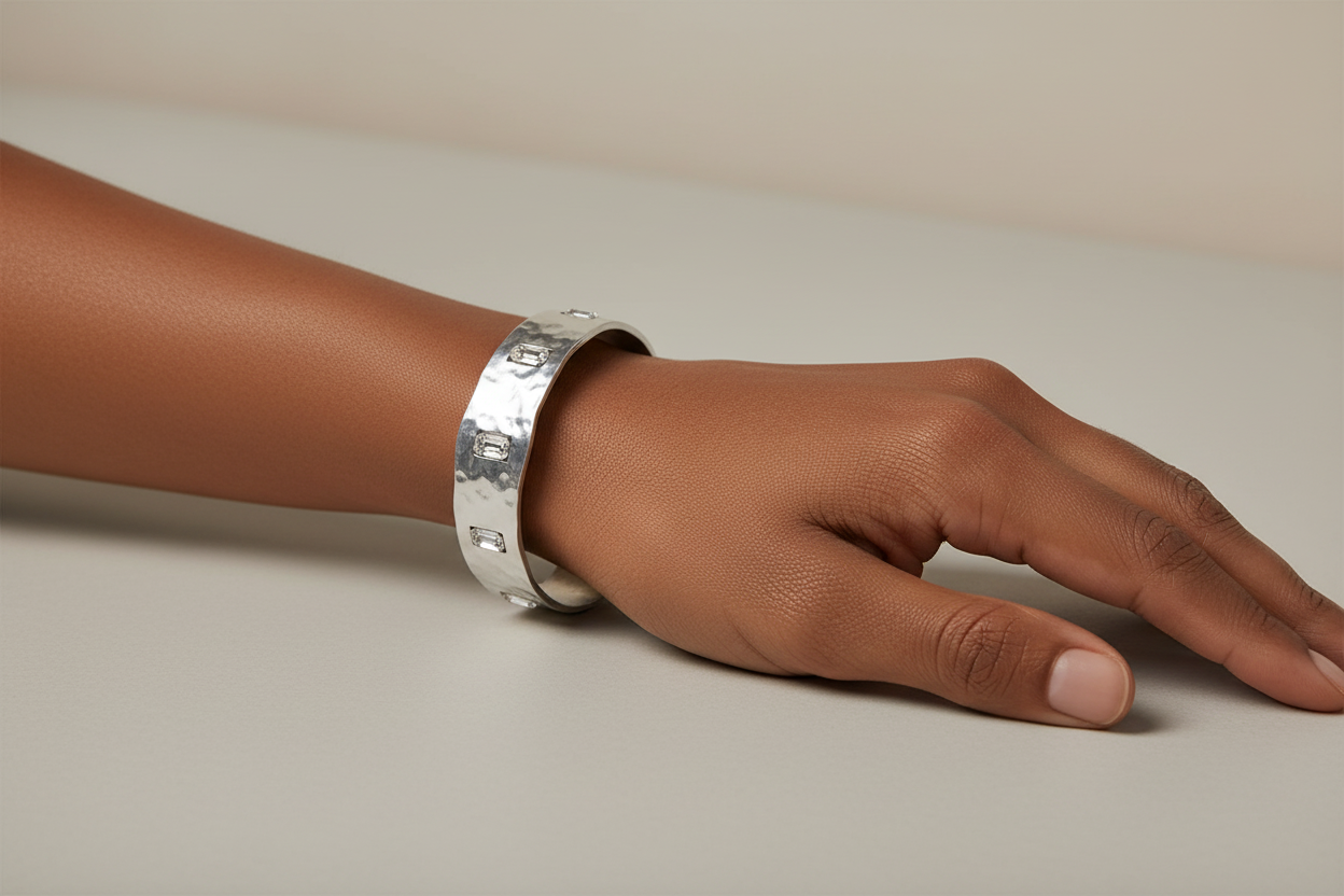 Rhinestone Silver Tone Stud Bangle Bracelet