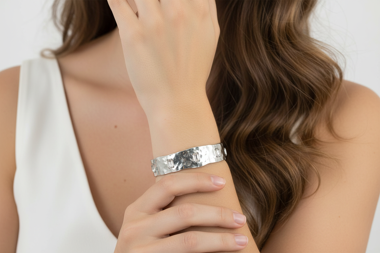 Rhinestone Silver Tone Stud Bangle Bracelet