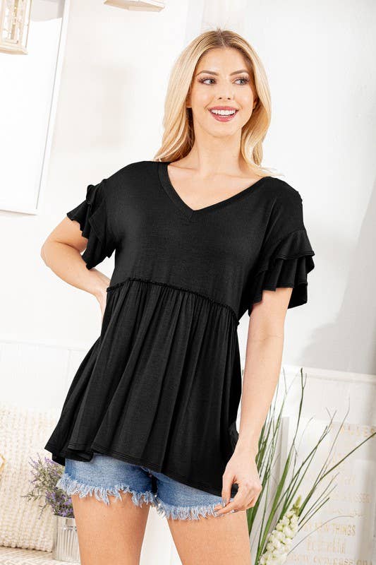 V NECK SOLID TOP WITH RUFFLED: BLACK