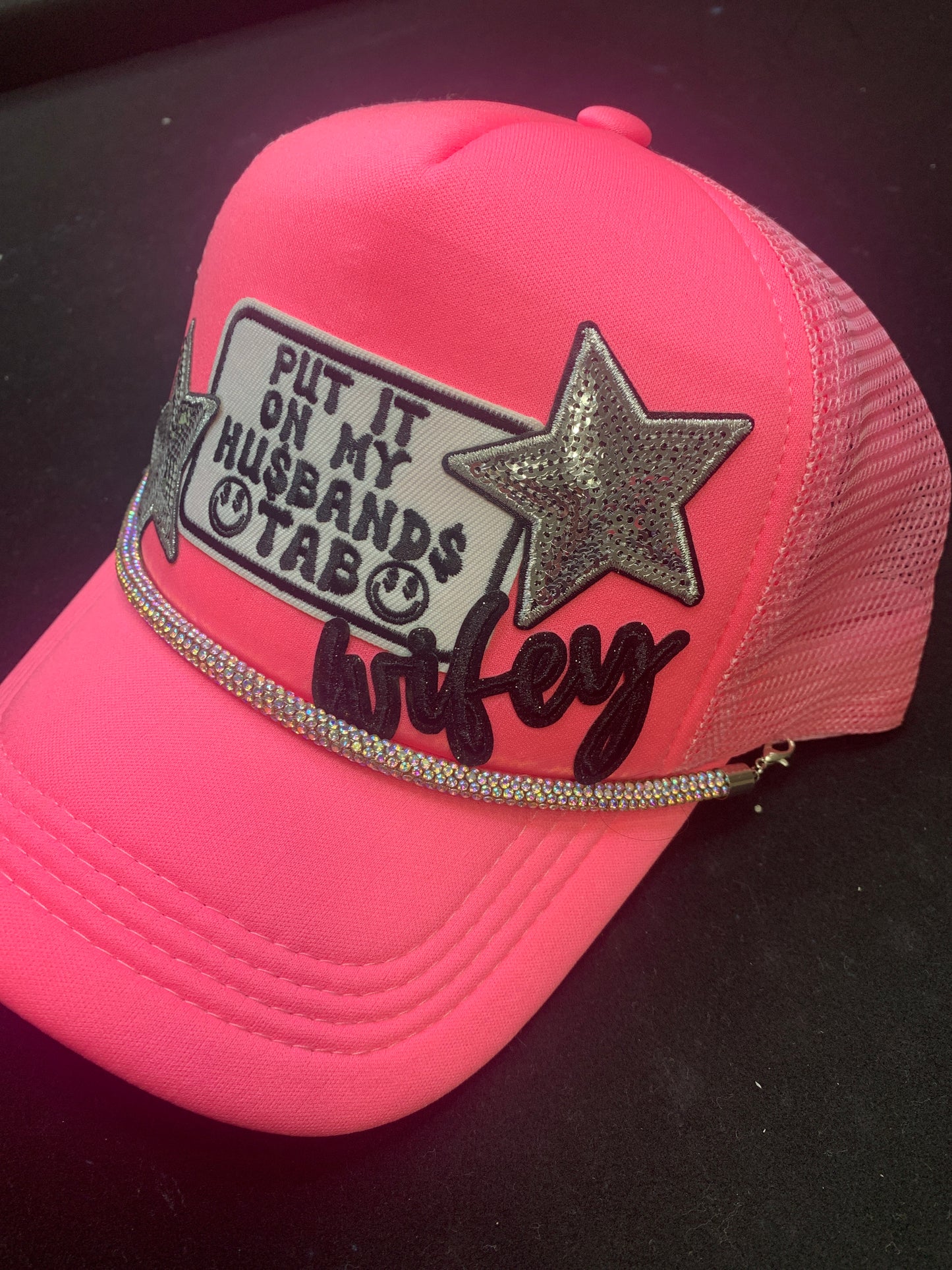 Neon Pink Put it on My Husband$ Tab Trucker Hat