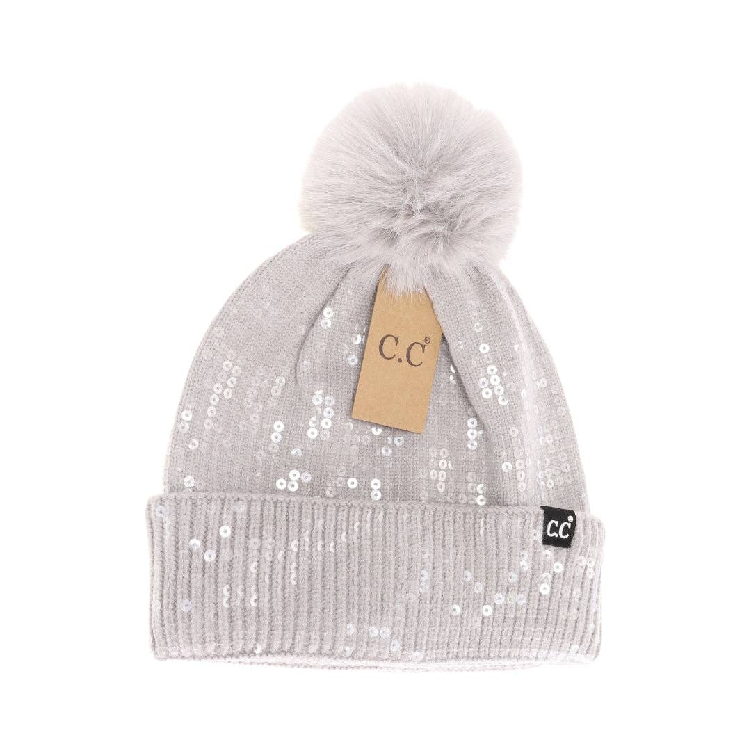 Allover Grey Clear Sequin Faux Fur Pom Beanie