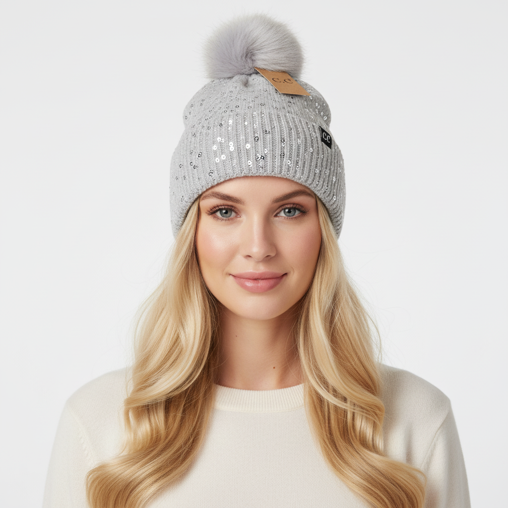 Allover Grey Clear Sequin Faux Fur Pom Beanie