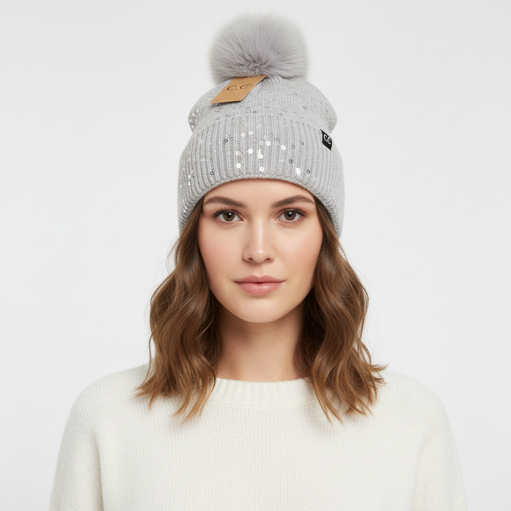 Allover Grey Clear Sequin Faux Fur Pom Beanie