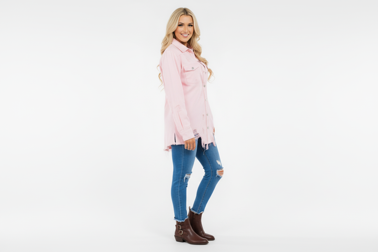 PLUS SIZE DISTRESSED PINK DENIM SHACKET