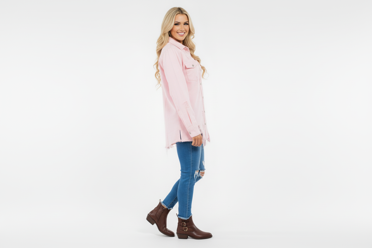 PLUS SIZE DISTRESSED PINK DENIM SHACKET