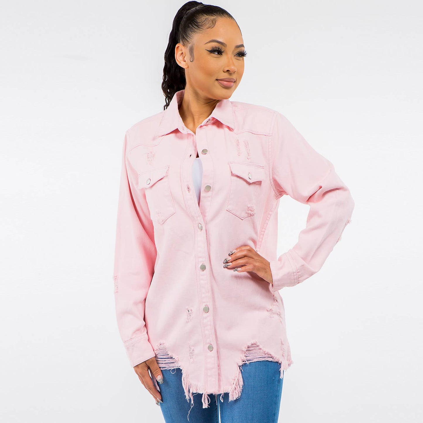 PLUS SIZE DISTRESSED PINK DENIM SHACKET