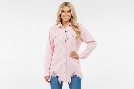 PLUS SIZE DISTRESSED PINK DENIM SHACKET