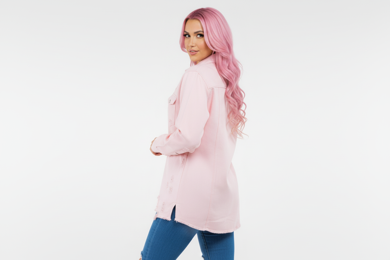 PLUS SIZE DISTRESSED PINK DENIM SHACKET