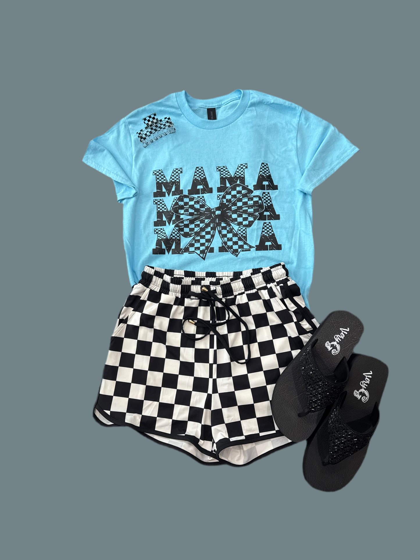 Mama Bow Checkered Blue Graphic Tee