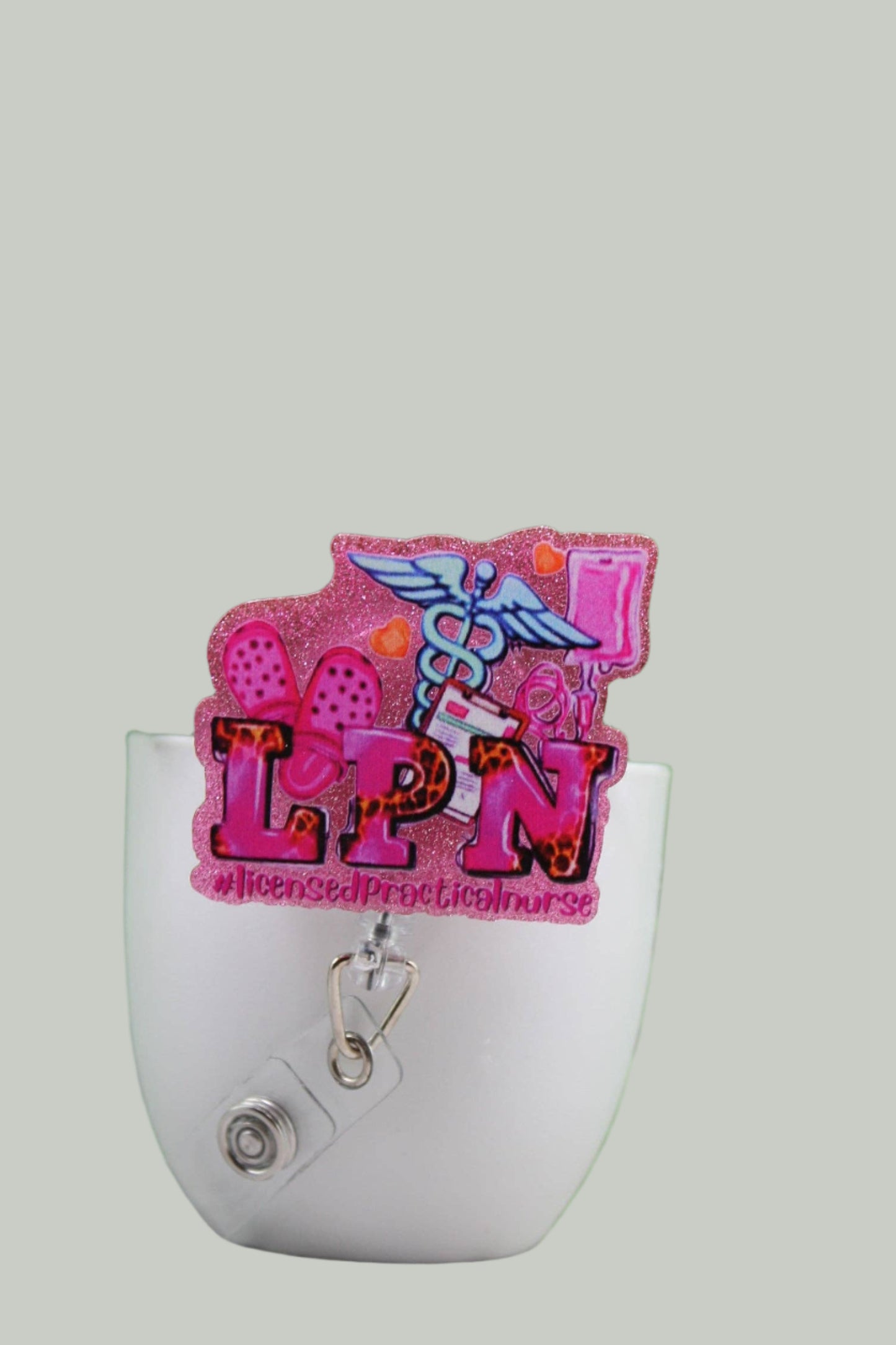 LPN Pink Glitter • Badge/ID Holder with Alligator Clip